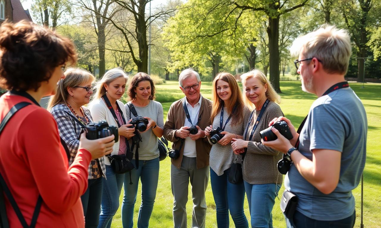 Partecipanti a un corso di fotografia si esercitano insieme all'aperto con le loro fotocamere